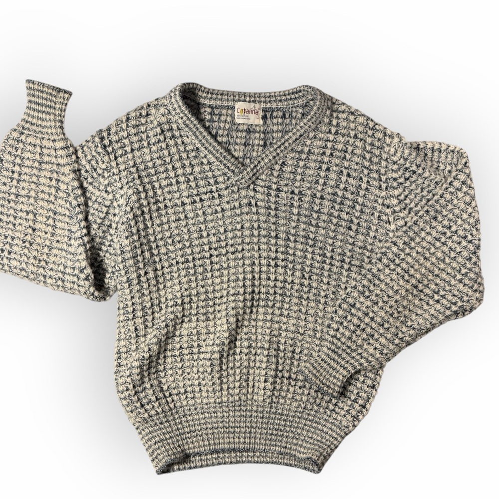 Vtg Knitted Gray and Blue‎ Catalina Sweater for Men V-neck Grandpa